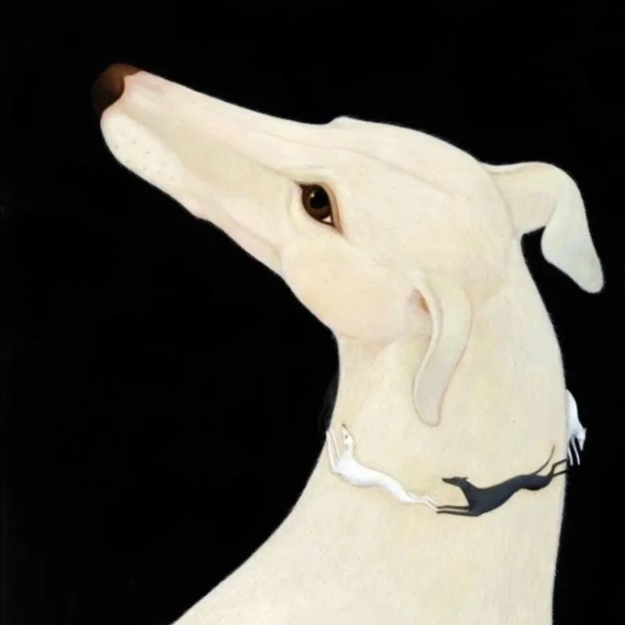 A white hound in profile against black, from the house collection.