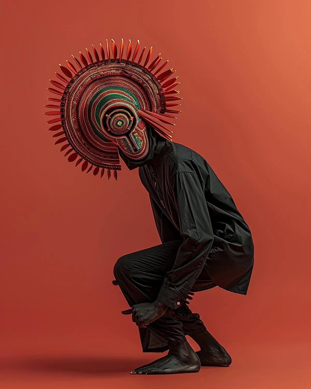 Photographic study of a crouched figure crowned in a radial headpiece, red on red, from the house collection.