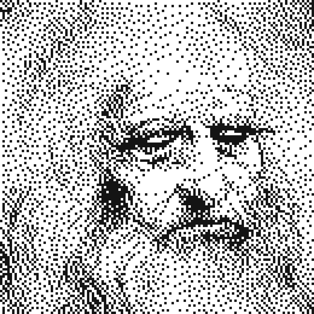 Dithered plate of an old master's face, ink dots on the orange ground.