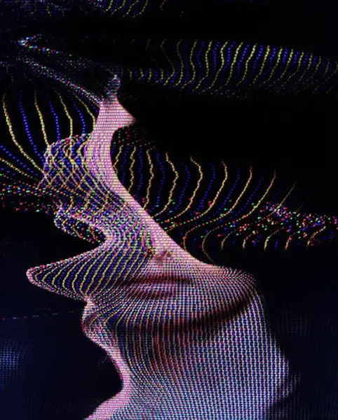 Glitch study of a portrait in motion, from the house collection.
