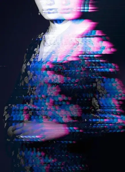 Glitch study of a portrait in motion, from the house collection.
