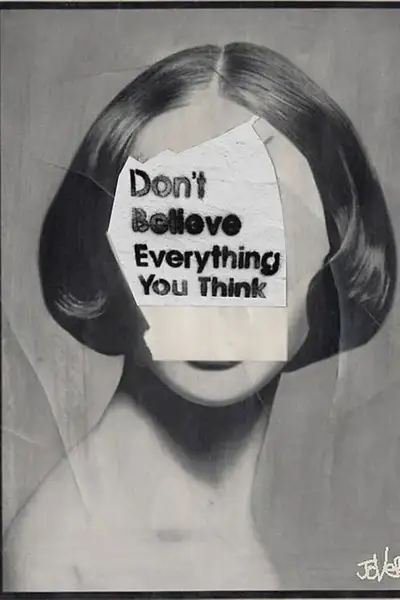 Collage study of a woman's portrait with a torn paper caption, from the house collection.