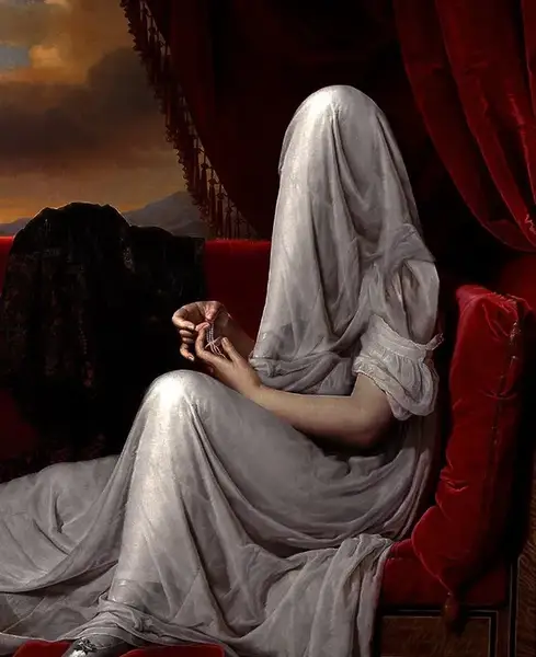 Painted study of a veiled seated figure, from the house collection.
