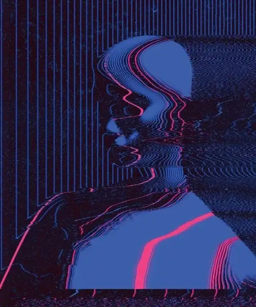 Glitch study of a portrait in motion, from the house collection.