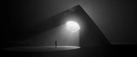 Study of a dark church under one light, from the house collection.