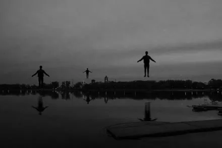 Study of figures suspended over still water, from the house collection.