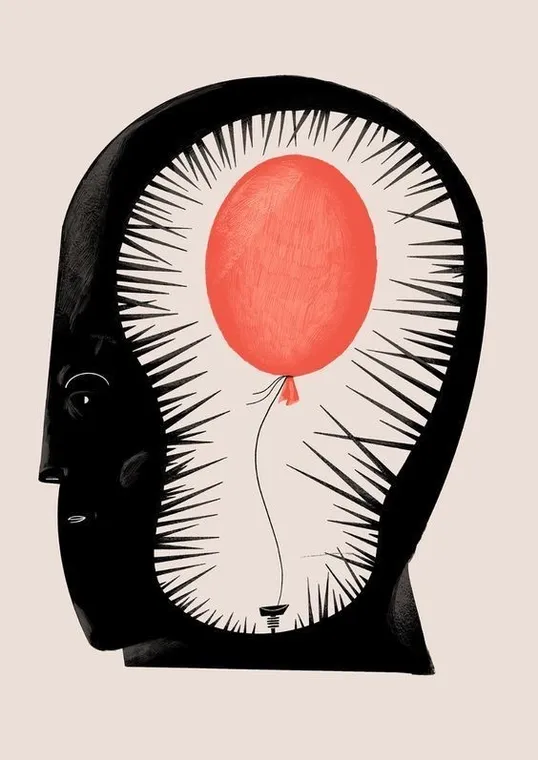 Illustrated head in profile holding a red balloon within, from the house collection.