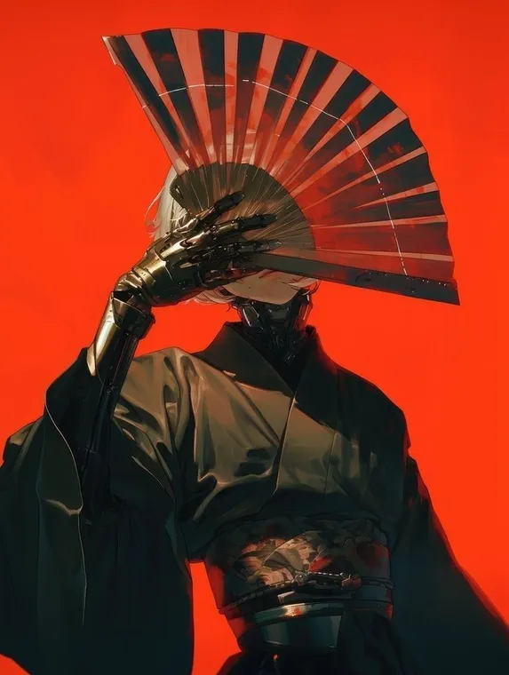 Figure in dark robes raising a red fan crest, from the house collection.