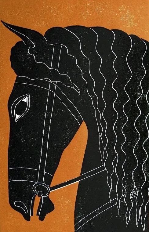 Linocut study of a black horse with a flowing mane on an orange ground, from the house collection.