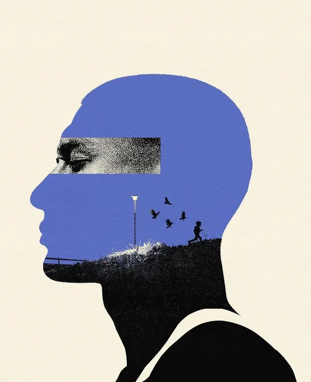 Collage study of a blue profile carrying a strip of eyes and passing birds, from the house collection.