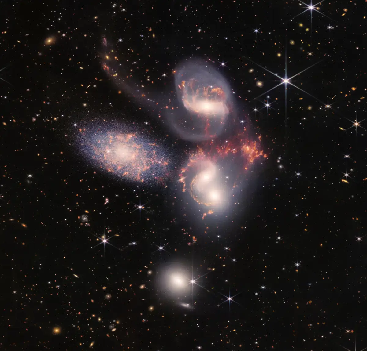 Stephan's Quintet, a cluster of galaxies, James Webb Space Telescope.